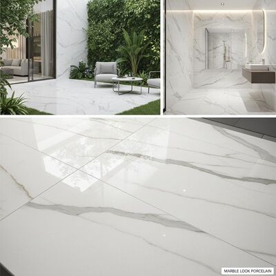 Piastrella in gres porcellanato effetto marmo per pavimenti e rivestimenti interni ed esterni, finitura lucida, superficie liscia leggermente testurizzata, durevole ed elegante